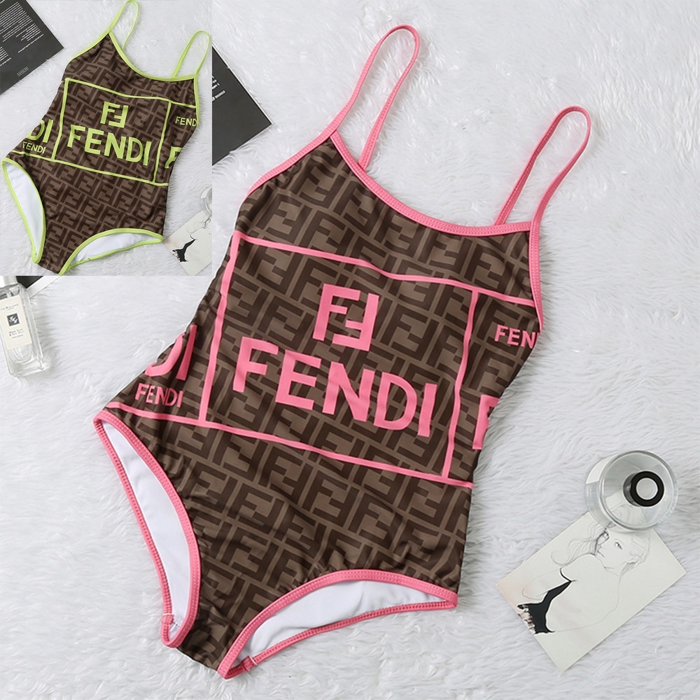 Brown Logo One-Piece Swimsuit with Pink Trim